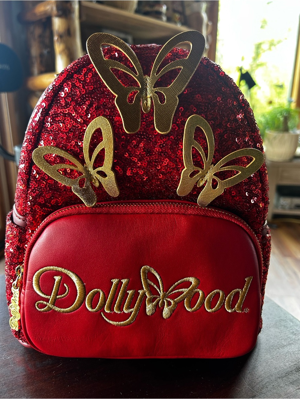 NWT Dollywood Loungefly Red Sequin Butterfly Mini Backpack Gold Accents Dolly